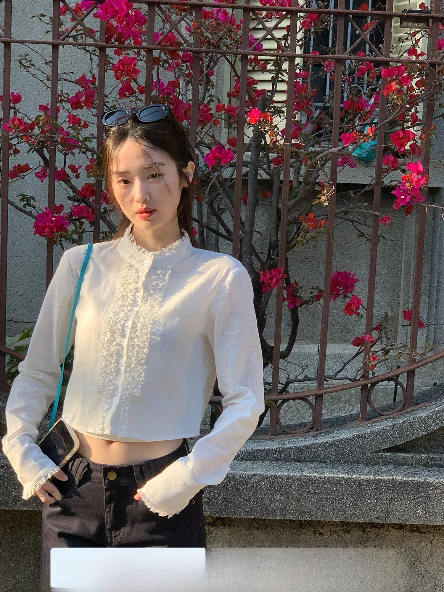 

Elegant Short Sleeveless Shirt Sinbounboun Lace Earlet Trim Stand Collar Long Sleeve Shirt Vintage Style Breathable Skin-frie...