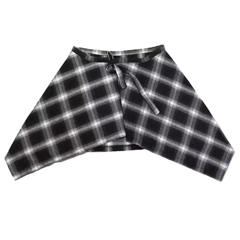 652F Unisex Checekred A Line Apron Skirt Layered Overskirt Hip Covering Tie Up Cover Up Irregular Wrap Skirt Shirt Extender