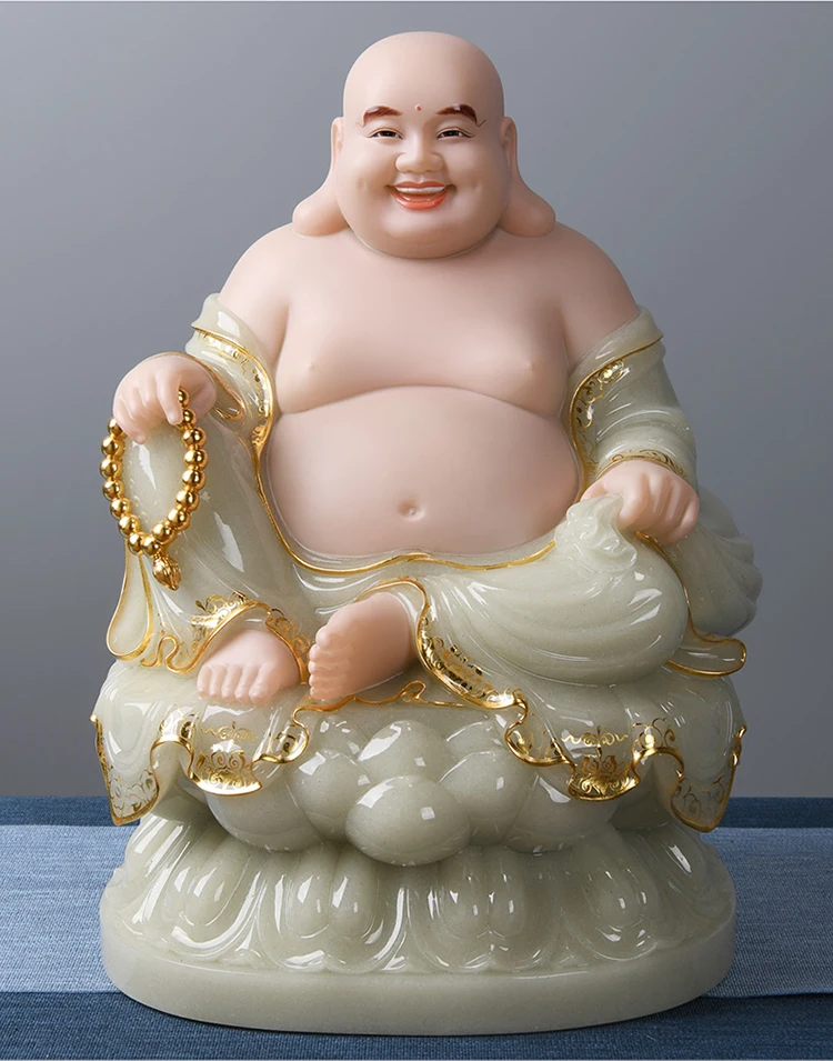 

High grade jade Buddha statue Asia HOME Shrine Worship Maitreya God of wealth buddha God Prosperity GOOD LUCK FENG SHUI statue