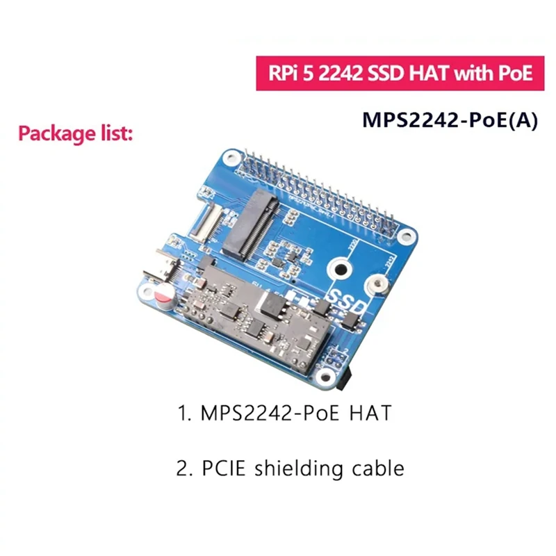 Hot-A39R-MPS2242-POE A For Raspberry Pi 5 PCIE To NVME SSD 2242 HAT With POE Power 5V 4.5A Support 2242/2230