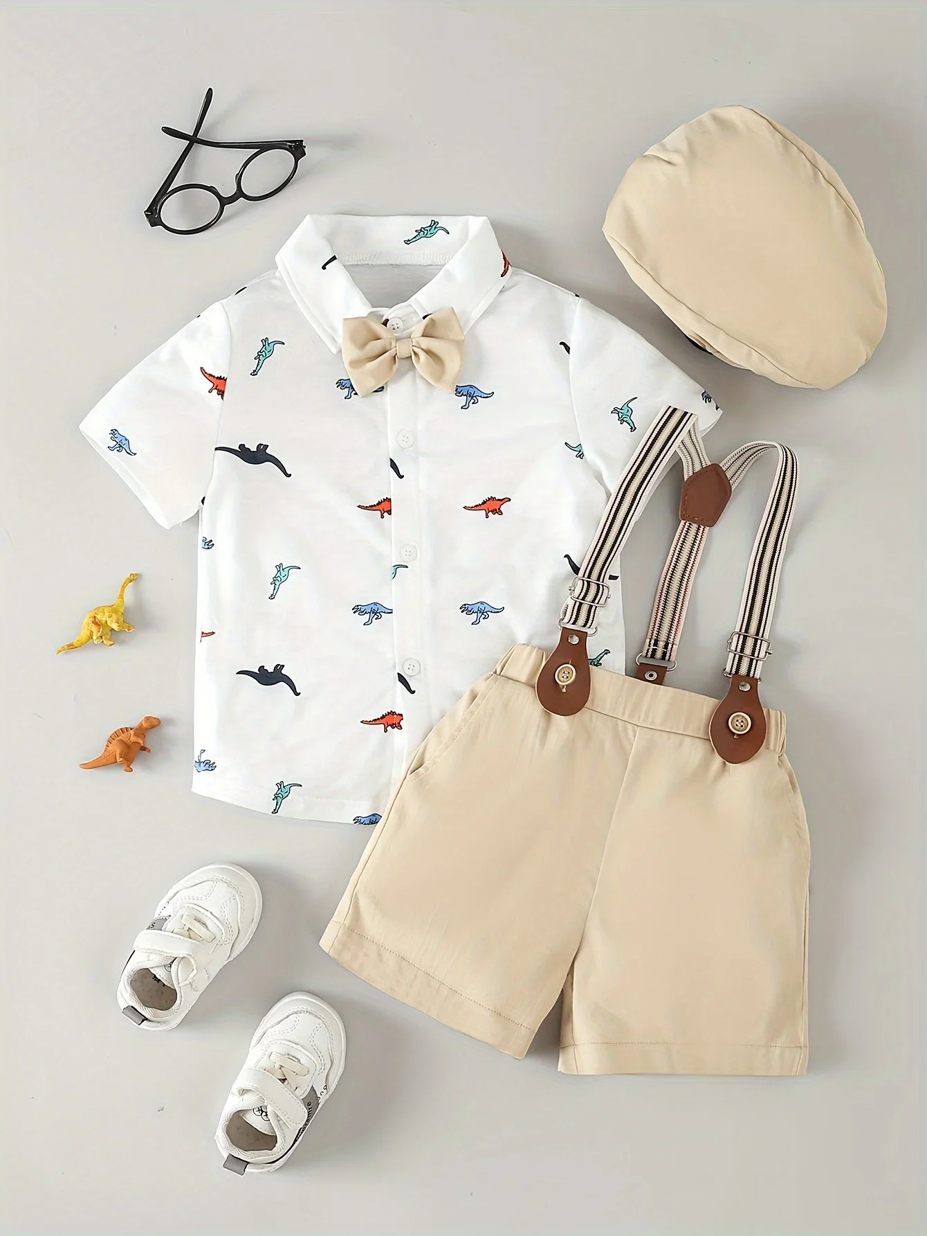 Boys summer short sleeved cute dinosaur printed bow shirt+strap shorts+hat gentleman party dress three piece set