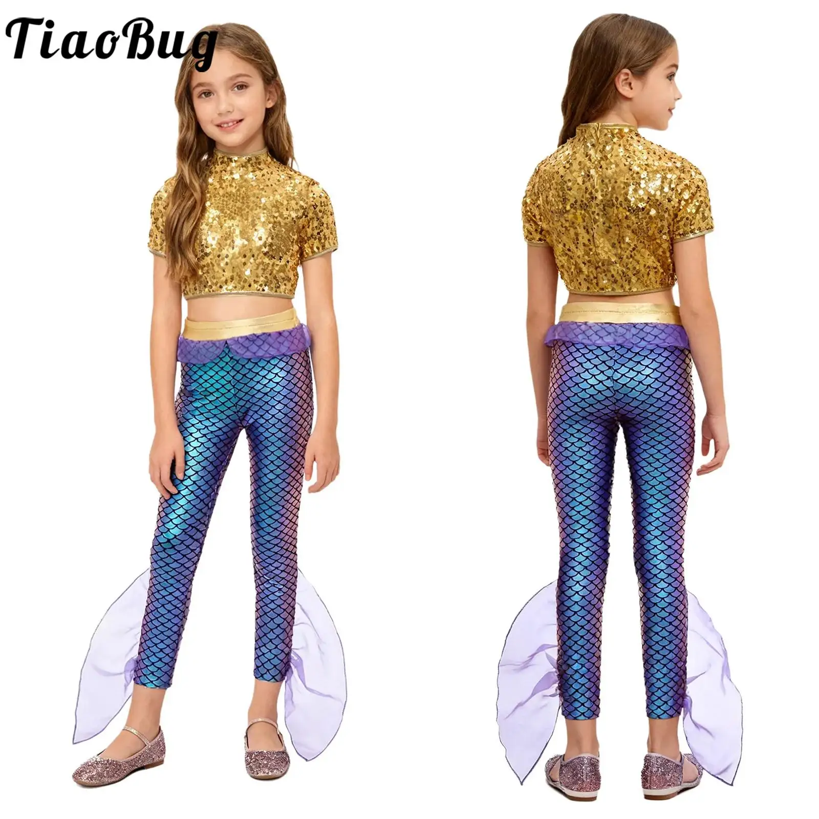 

Carnival Mermaid Cosplay Costume Sparkly Sequins Crop Top with Fish Scales Print Ruffle Pants King of The Seas Halloween Costume