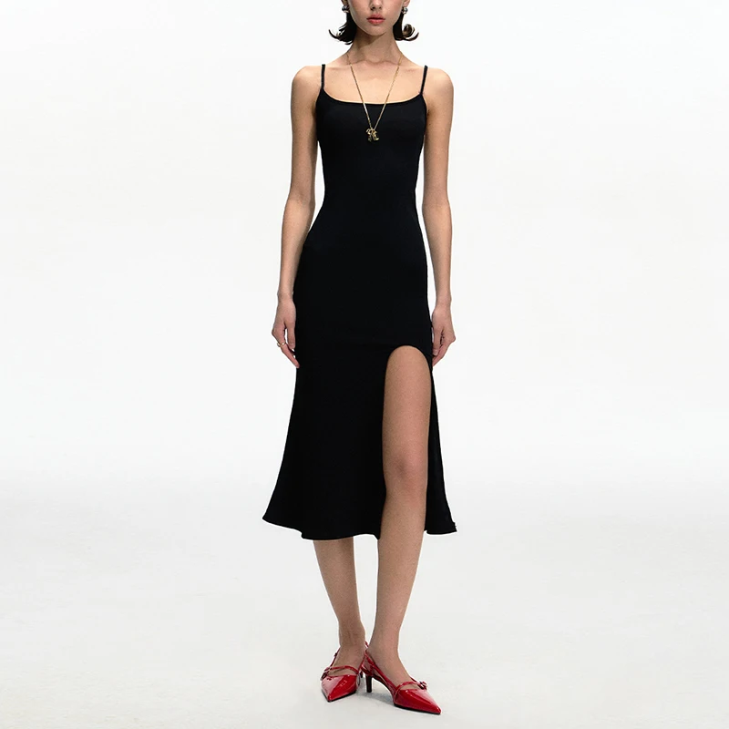 

Casual 93% Rayon Knitted Women Dress Sleeveless Straop Side Split Slimming Fit Summer Fashion Chic high Street Female Vestidos