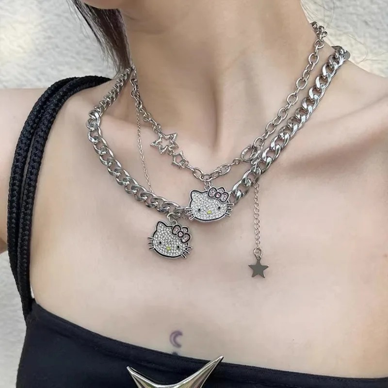 Anime Hellokitty Necklace Chain Cute Cartoon Cat Crystal Ring Hollowed Jewellery Accessories Fashion for Girls Birthday Gift