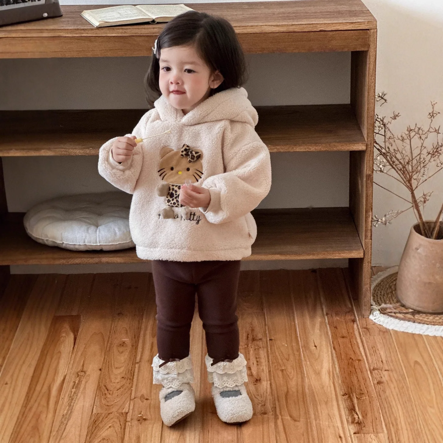 

Детский осенне-зимний толстый шерстяной свитер с капюшоном, куртка в Корейском стиле, детская одежда с плюшевыми леггинсами для девочек, комплект