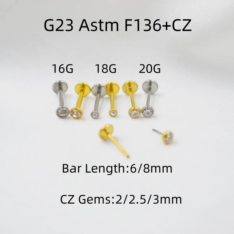50pcs Body Jewelry  G23 Titanium ASTM  F136 5A CZ Lip Labret Bar Ear Helix Tragus Rook Barbells Stud Piercing Jewelry Push In