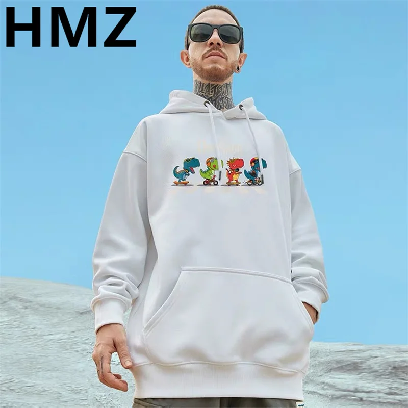 

HMZ Cute Dinosaur Print Men Hoodie Loose Casual Clothes Fashion Warm Cotton Hoodies Personality Street Hip Hop Sweatshirt Hooded