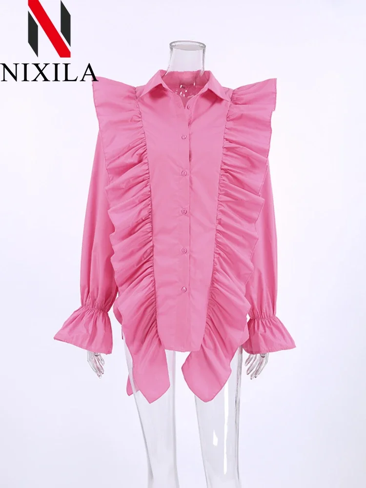 ربيع الخريف أزياء المرأة قميص كشكش حافة المتخصصة تصميم الشعور الإناث طويلة الأكمام قمم فضفاضة أنيقة المرأة بلوزة الملابس