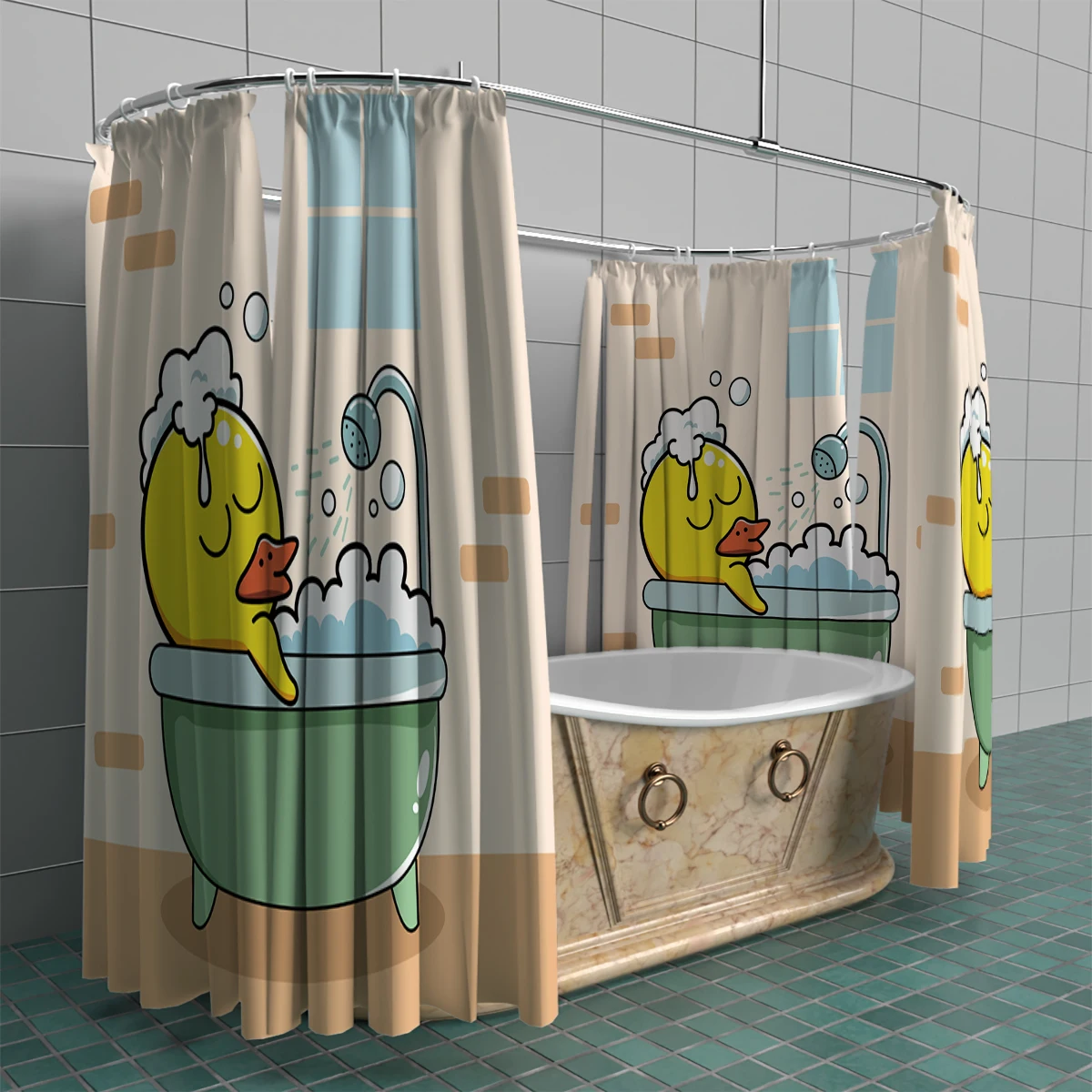 1PC, 180x180cm bathroom polyester shower curtain, mold resistant, waterproof, perforated with hooks, cartoon yellow duck