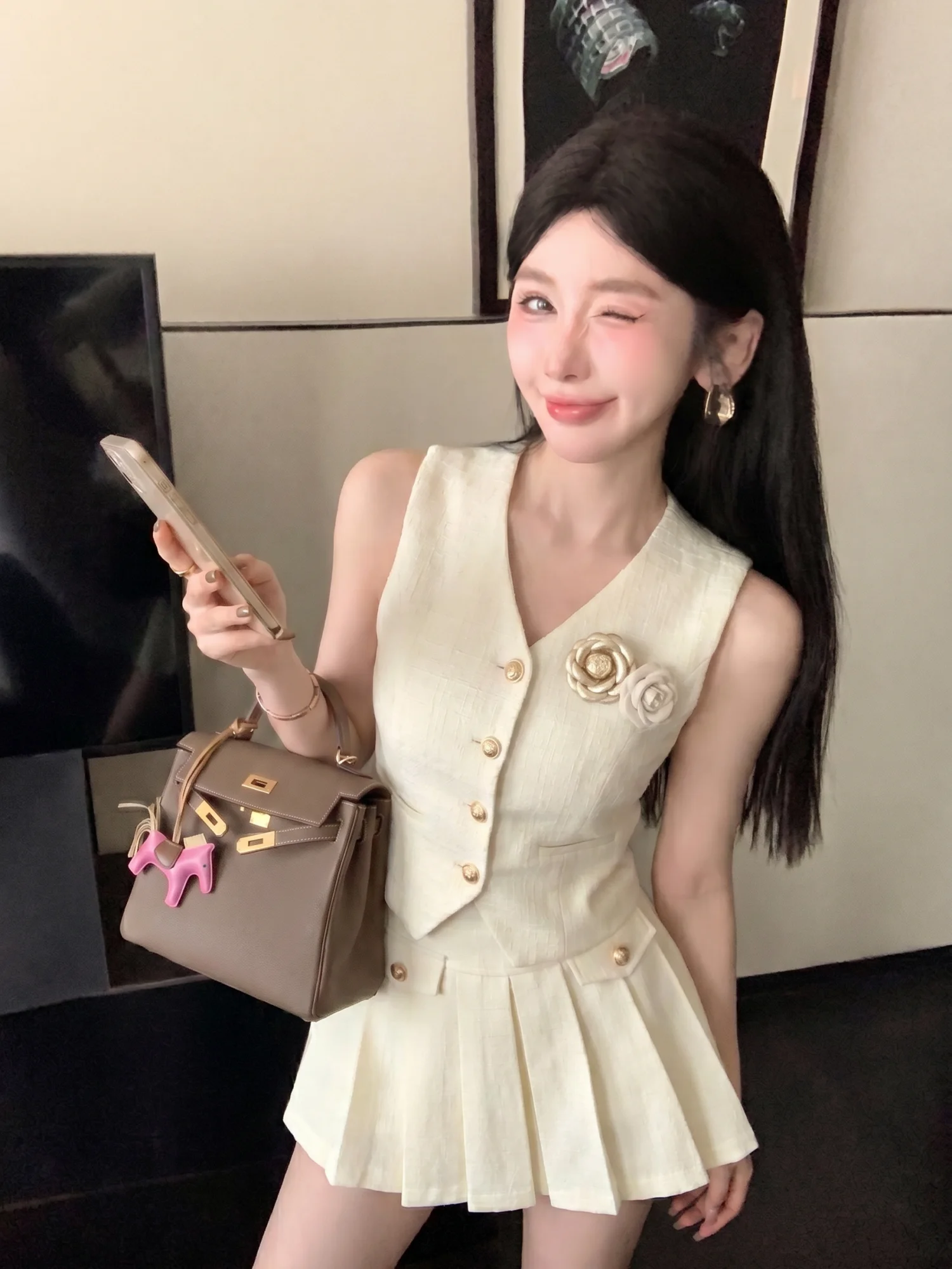 MaoNi White Sweet Heart Small Fragrance Style High Waist A-Line Pleated Short Skirt Women's Summer Half-length Skirt Pants