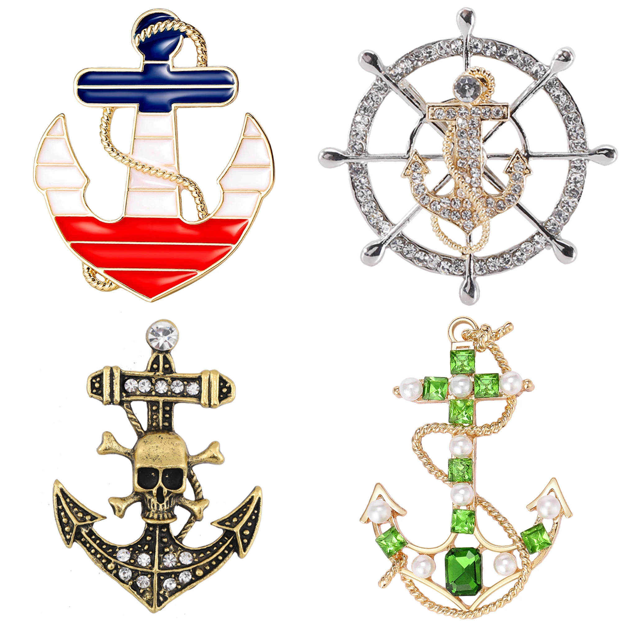 Enamel Anchor Brooches for Women Unisex Rhinestone Rudder Pins Banquet Party Backpack Gifts Jewelry Accessories