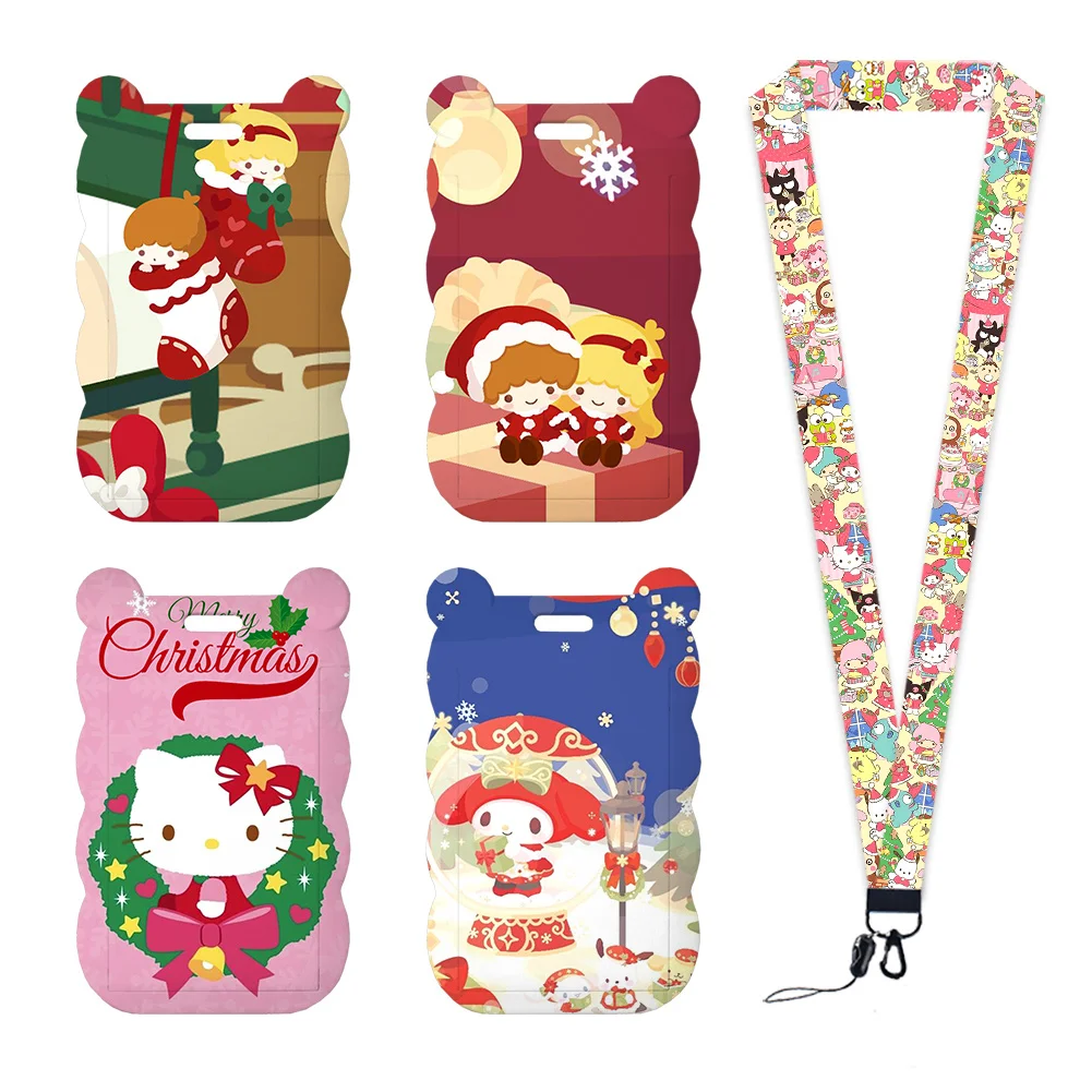 Porte-carte de noël Hello Kitty Sanrio, Badge de travail, sangle de cou, bobine en acrylique à paillettes, protecteur de carte