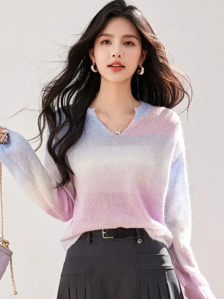 Wysokiej jakości sweter damski z gradientem z mieszanki moheru, nowy luźny sweter z wełny w stylu \"Mint Wave\" na rok 2024.