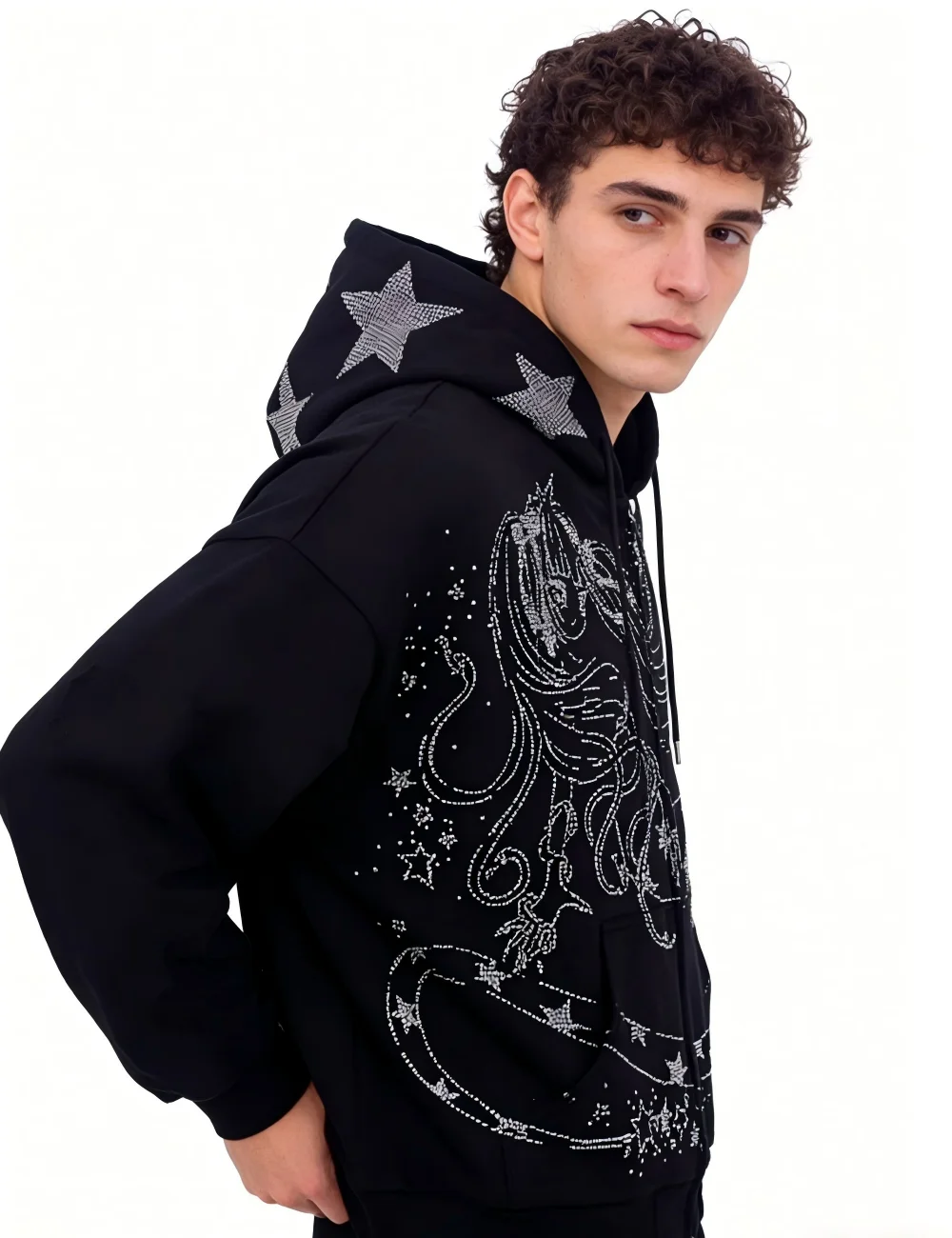 

2026 New American Fashion Glitter Printed Cartoon Pattern Trendy Men's and Women's Hoodie Retro Versatile Zipper Loose Top Y2K