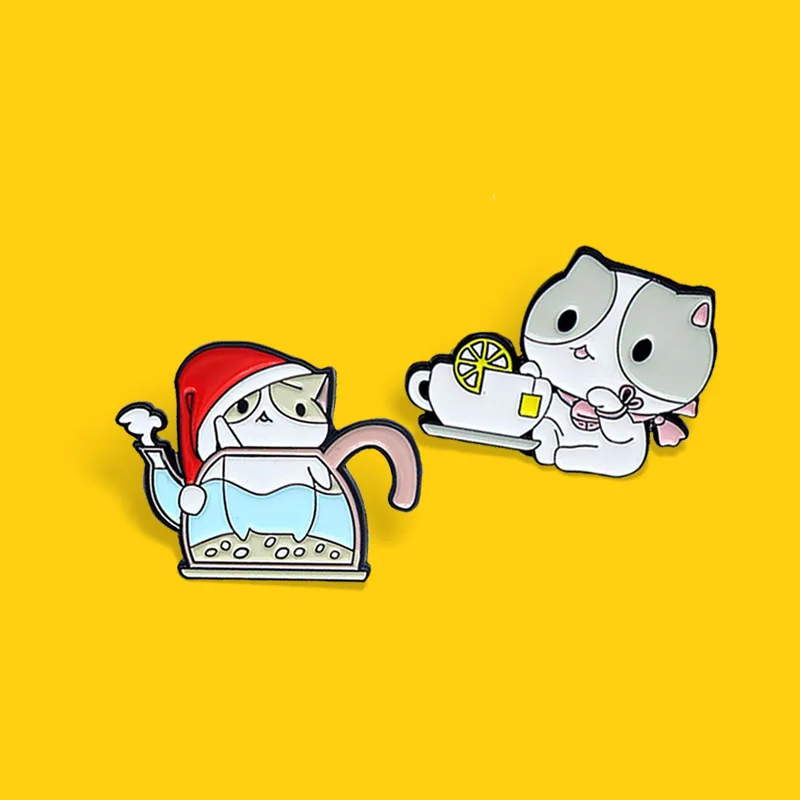 Cartoon Cat Kitten Brooch Teacup Teapot Lemon tea Cat  Enamel Pins Button Denim Brooches Badge Animal Jewelry Gift for Kids