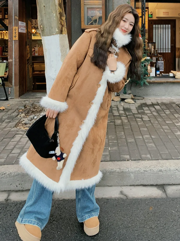 LANMREM Vintage Winter Lamb Fur Warm Long Coat Women Lapel Contrast Color Single Breasted Clothing Fashion 2024 New 2VV410