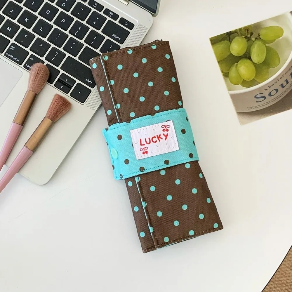 Canvas Polka Dot Makeup Brush Bag Foldable Portable Cosmetic Tools Storage Roll Independent Slots Large Capacity