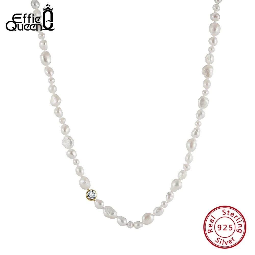 EFFIE QUEEN 925 Silver Natural Pearl Beads Choker Necklace Zircon for Women Classic Fashion Jewelry Minimalist Accessories GPN70