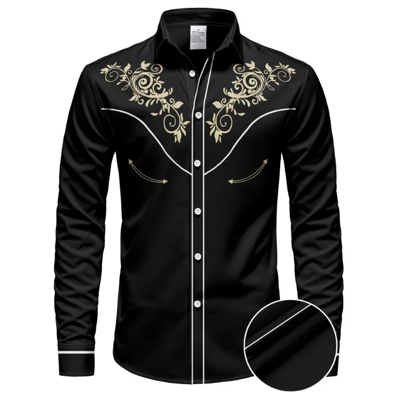 Men's Western Style Embroidered Shirt Long Sleeve Retro Floral Print Casual Button Down Shirt Cross-Border Fashion