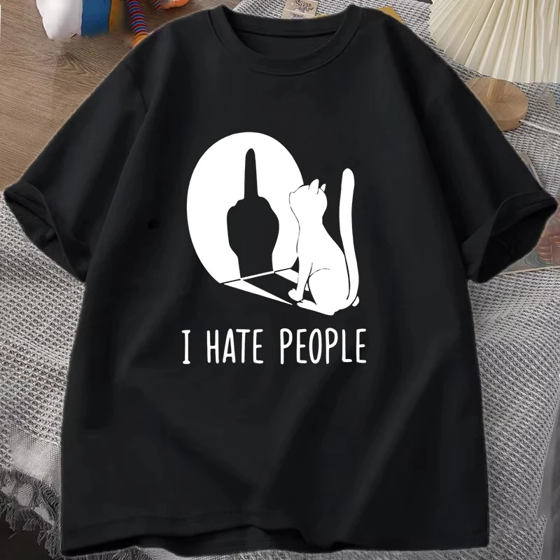 

Funny Cat I Hate People Letter Print T-shirt Women Men Summer Casual Short Sleeve Round Neck Tops Fashion T-shirts