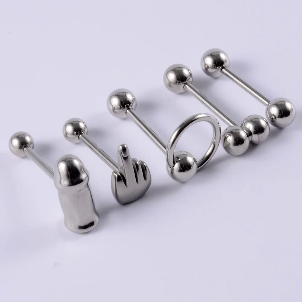 1PC Surgical Steel Middle Finger Gesture Ball Tongue Barbell Stud Piercing Punk Earring Studs Piercing Body Jewelry 1.6X16X5mm