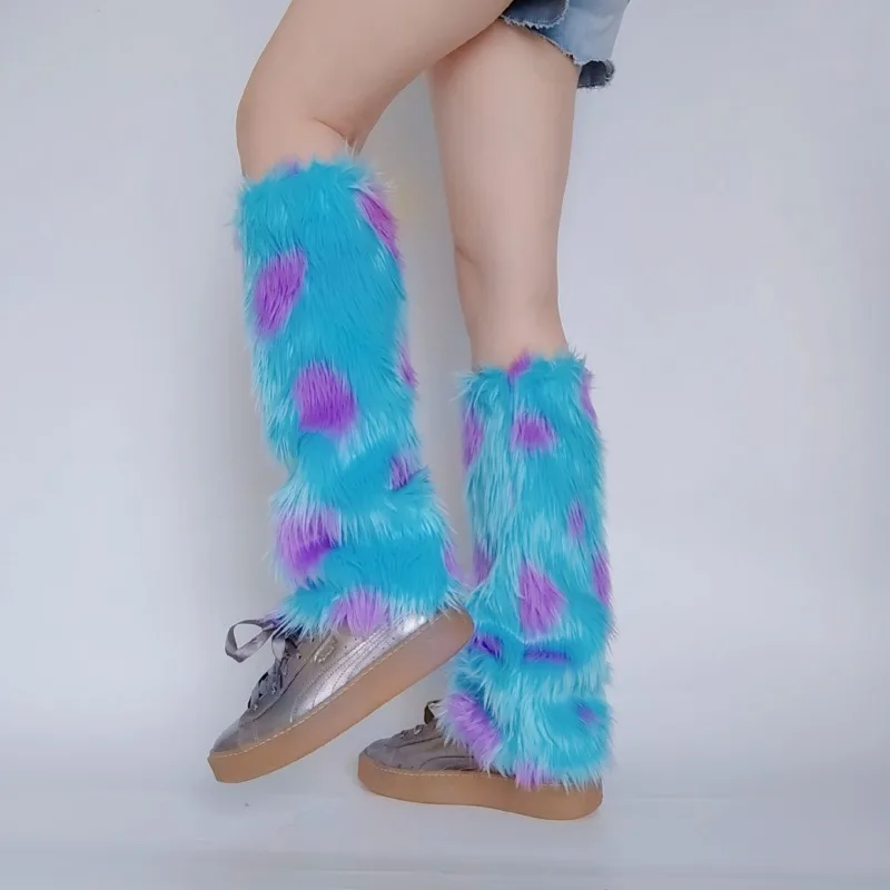 

Harajuku Winter Warm Boot Cuffs Leg Warmers for Women Colorblock Furry Plush Boot Cover Monsters Cosplay Long Socks