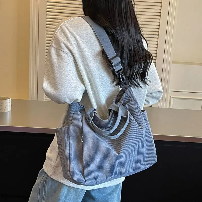 Vintage Corduroy Tote Bag Large Capacity Multi Pocket Handbag With Long Strap For Women Daily Work Travel Ample Storage Space