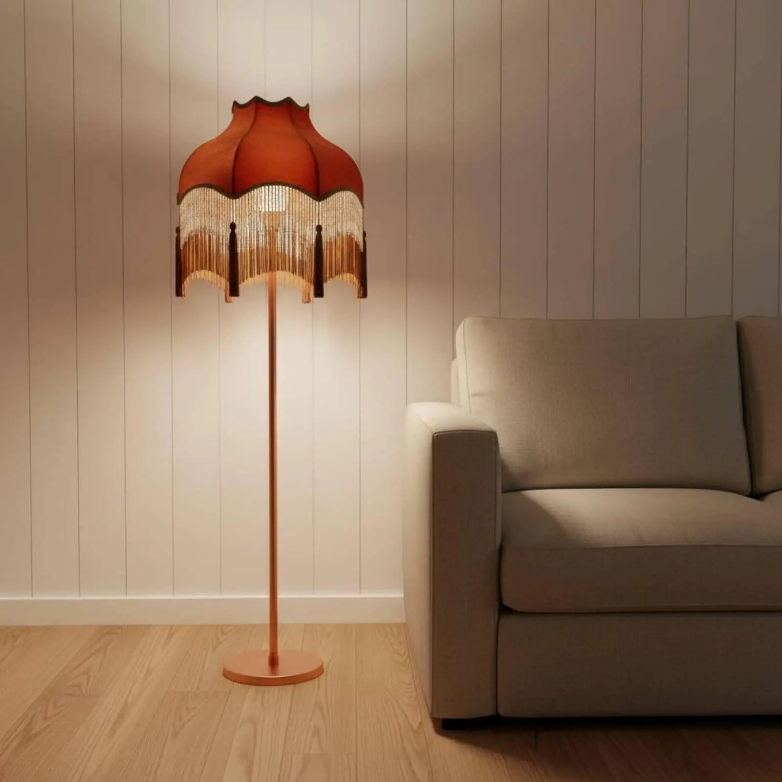 Retro Samt Stehlampen-Schirm Perlenbesetzter Quasten-Lampenschirm Französisches Karamellrot Vintage-Lichtabdeckung für Schlafzimmer Wohnzimmer