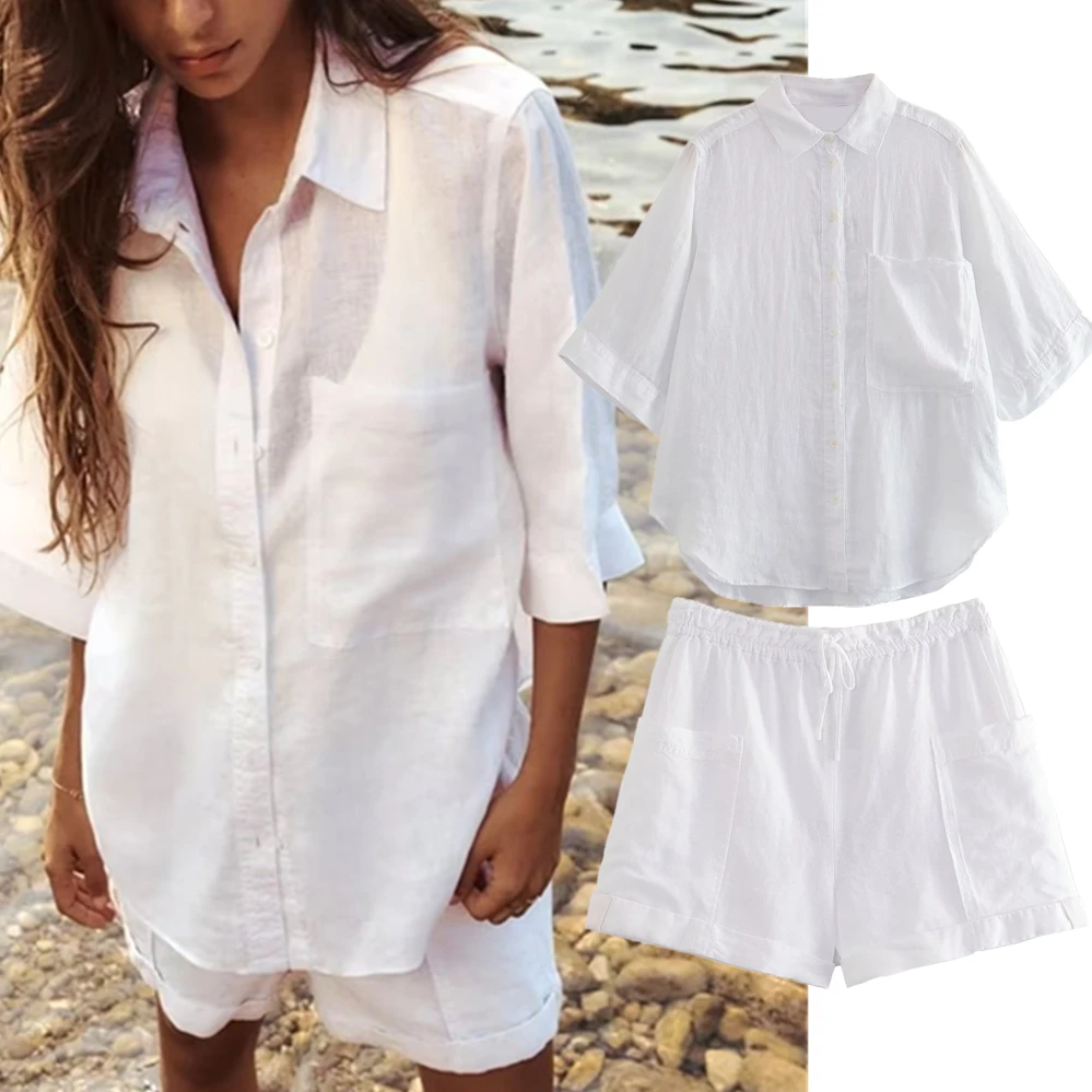 Maxdutti 2023 Summer Japanese Fashion Shirt Casual Suit Women Simple White Color Loose Bermuda Shorts Pocket Loose