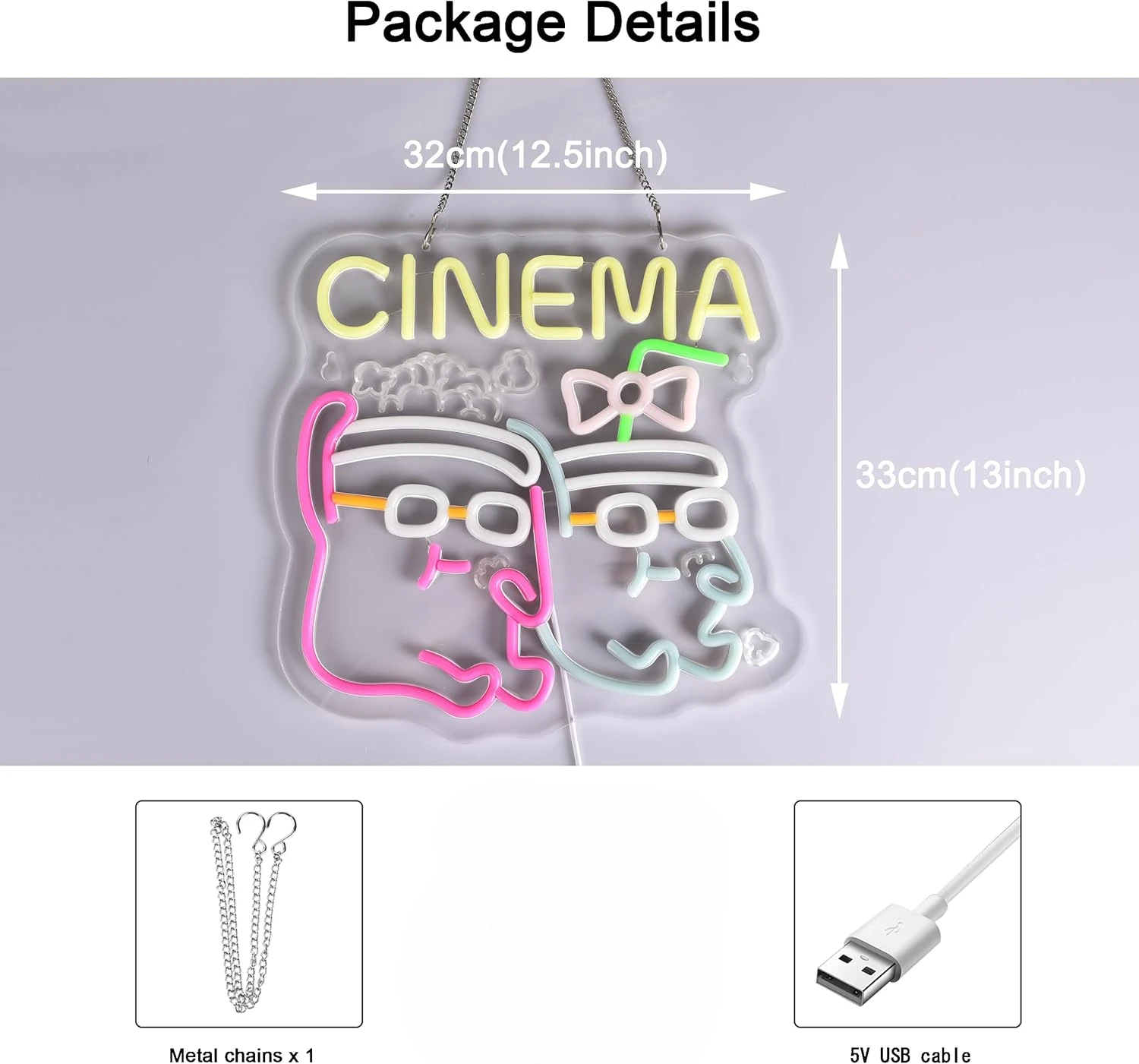 Cinema Popcorn Drink Neon Sign Cartoon LED Wall Art USB Powered Decor Theater Game Room Lover Novelty Gift Hanging Light