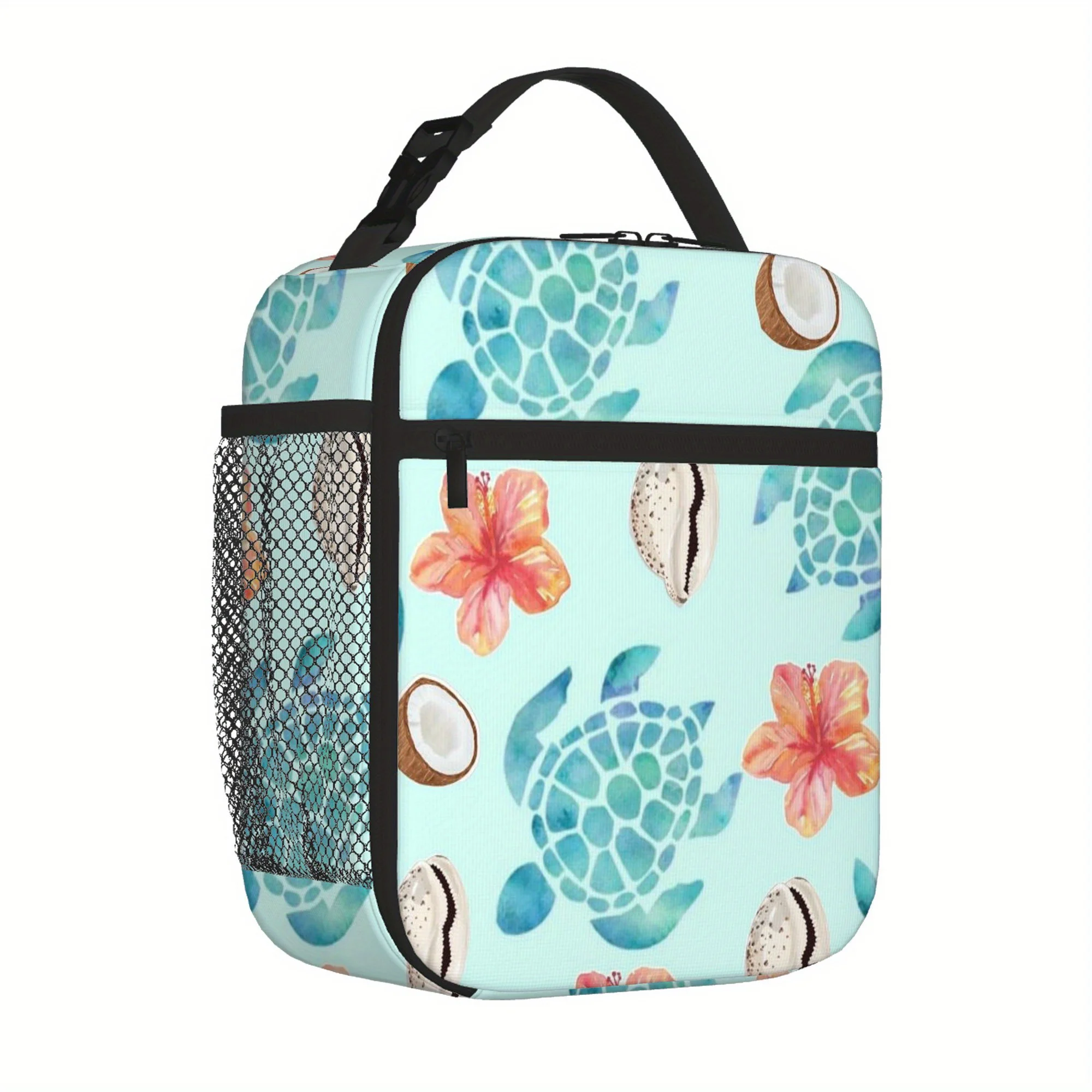 1pc Tropical Sea Turtle Shells Flowers Pattern Printed Thermal Bag Insulation Lunch Box for Home Restaurant Office Unisex