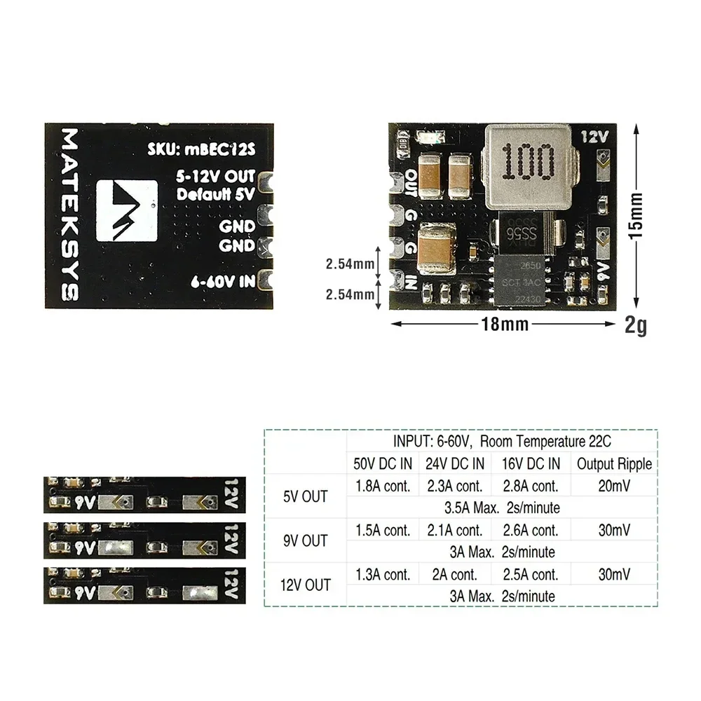 MATEKSYS MBEC12S MICRO BEC 6-60V do 5V/9V/12V-ADJ 18X15mm do modeli RC samolot helikopter FPV dron wyścigowy DIY części