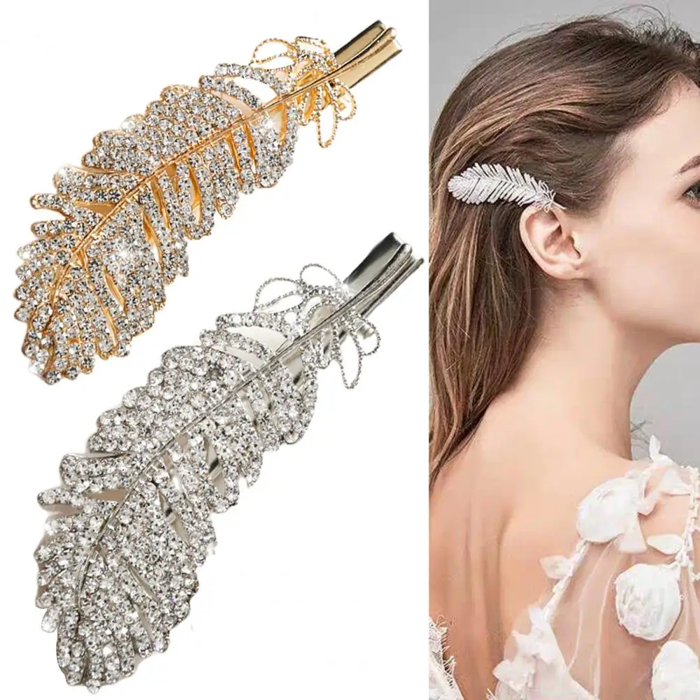 Shiny Feather Shape Hair Clip Alloy Rhinestone Hair Barrette Women Hairpin Head Wear For Dating Birthday Gift