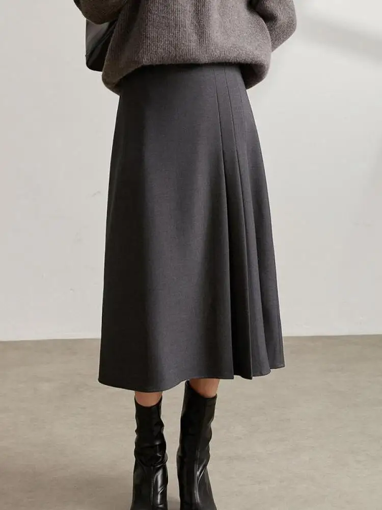 

Autumn Winter Vintage New Black Festival Party Woolen A-line Long Skirts Women Grey Elegant High Waist Pleated Skirt Chic Ladies