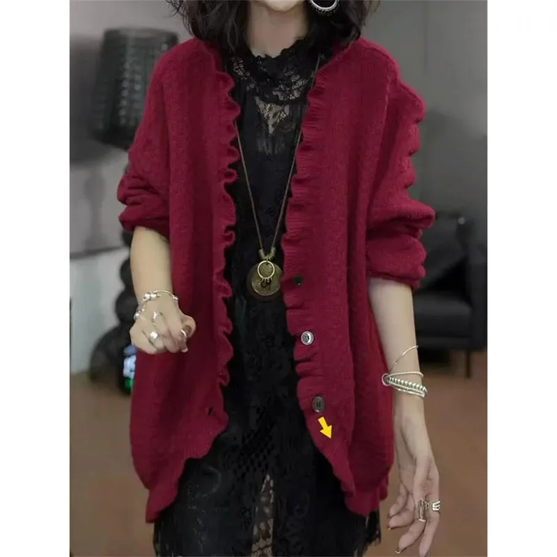 

Korean Women Large Size 5XL Overcoat Lazy Wind Ladies Loose Knit Jacket Autumn Winter Female V-neck Cardigan Sweater Coat