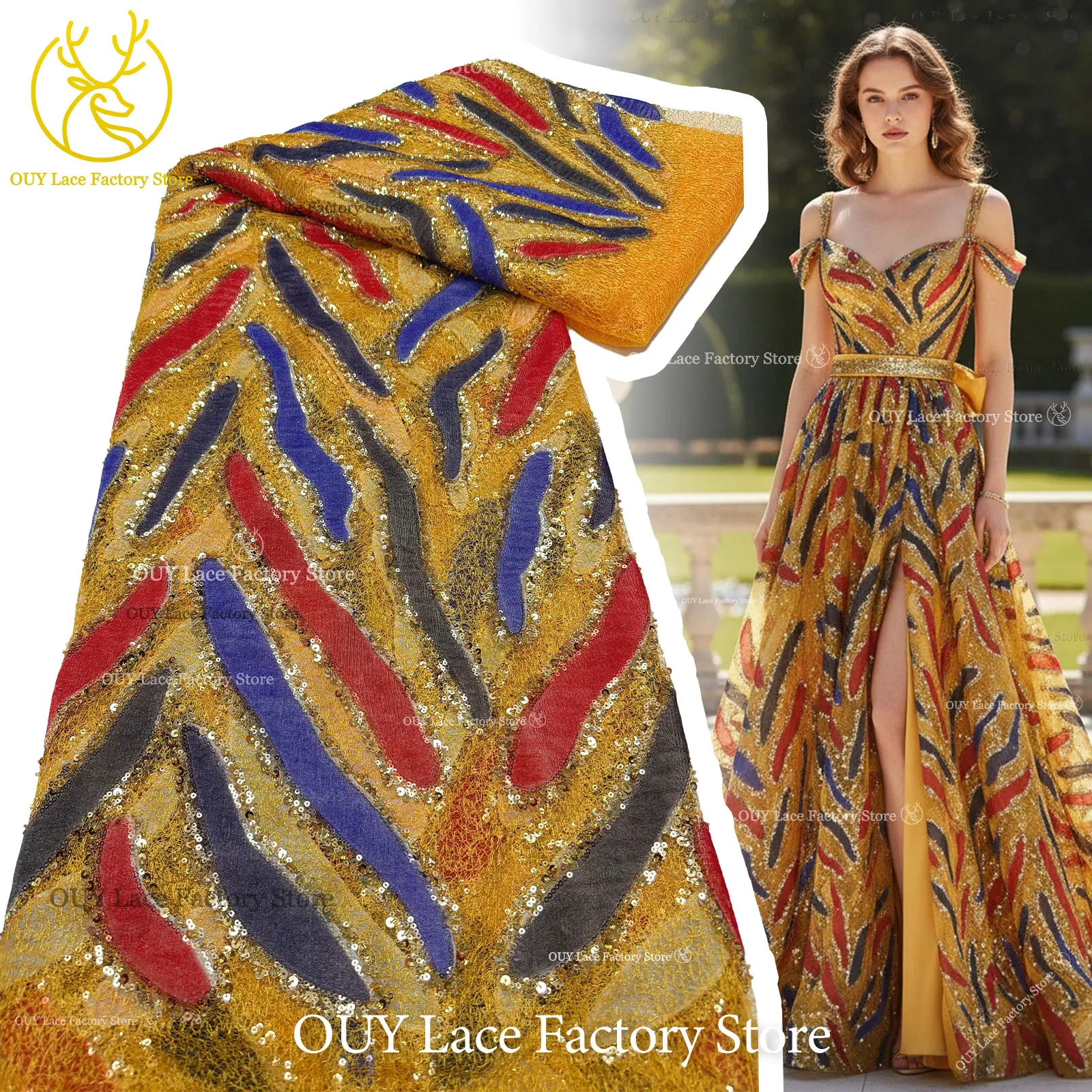 Tela de encaje de tul francés amarillo dorado con bordado, tela de encaje africana de lujo con lentejuelas 2026, nigeriana, para costura de vestidos de novia y de fiesta.