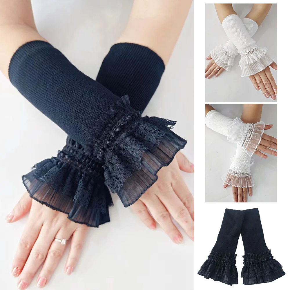 Y2K mujeres Lolita Jk mangas de encaje malla elástica guantes Punk gótico negro blanco Sexy flejes protector solar manga calentadores de brazo elásticos