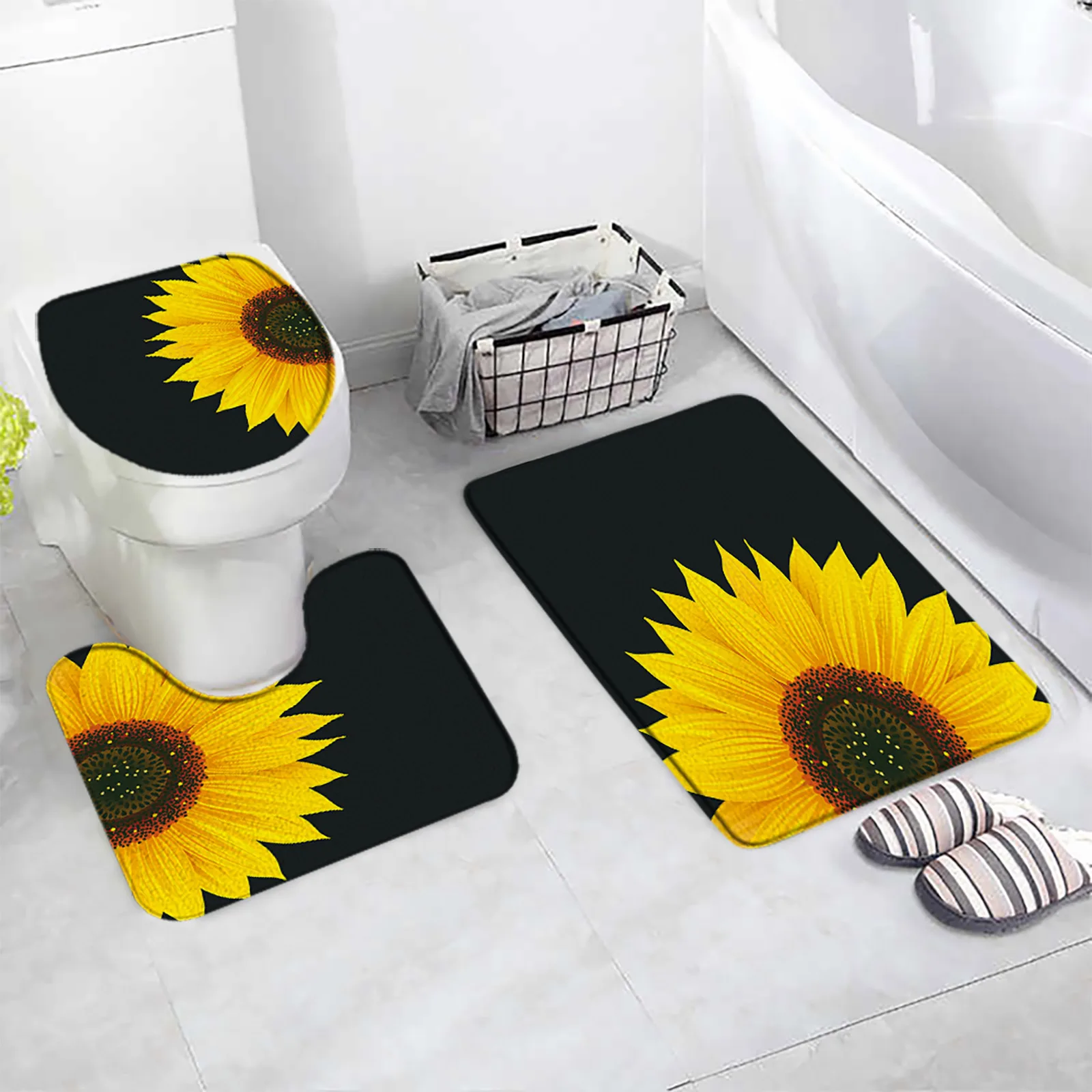 Yellow Sunflower Bath Mats 3pcs Set Natural Flowers Plant Black Bathroom Decor Flannel Carpet Door Rug Anti-Slip Toilet Lid Mat