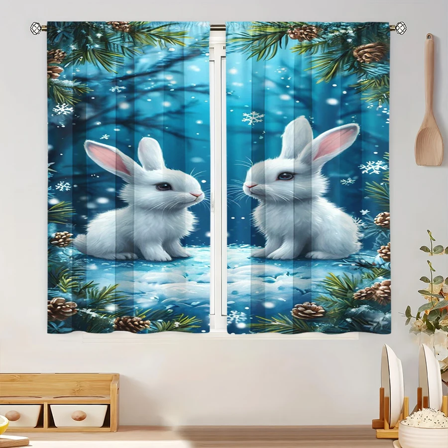 2PCS Digital Print Curtain, White Rabbits in Blue Winter Forest with Pine Branches and Pinecones, Snowflakes, for Bedroom Decor