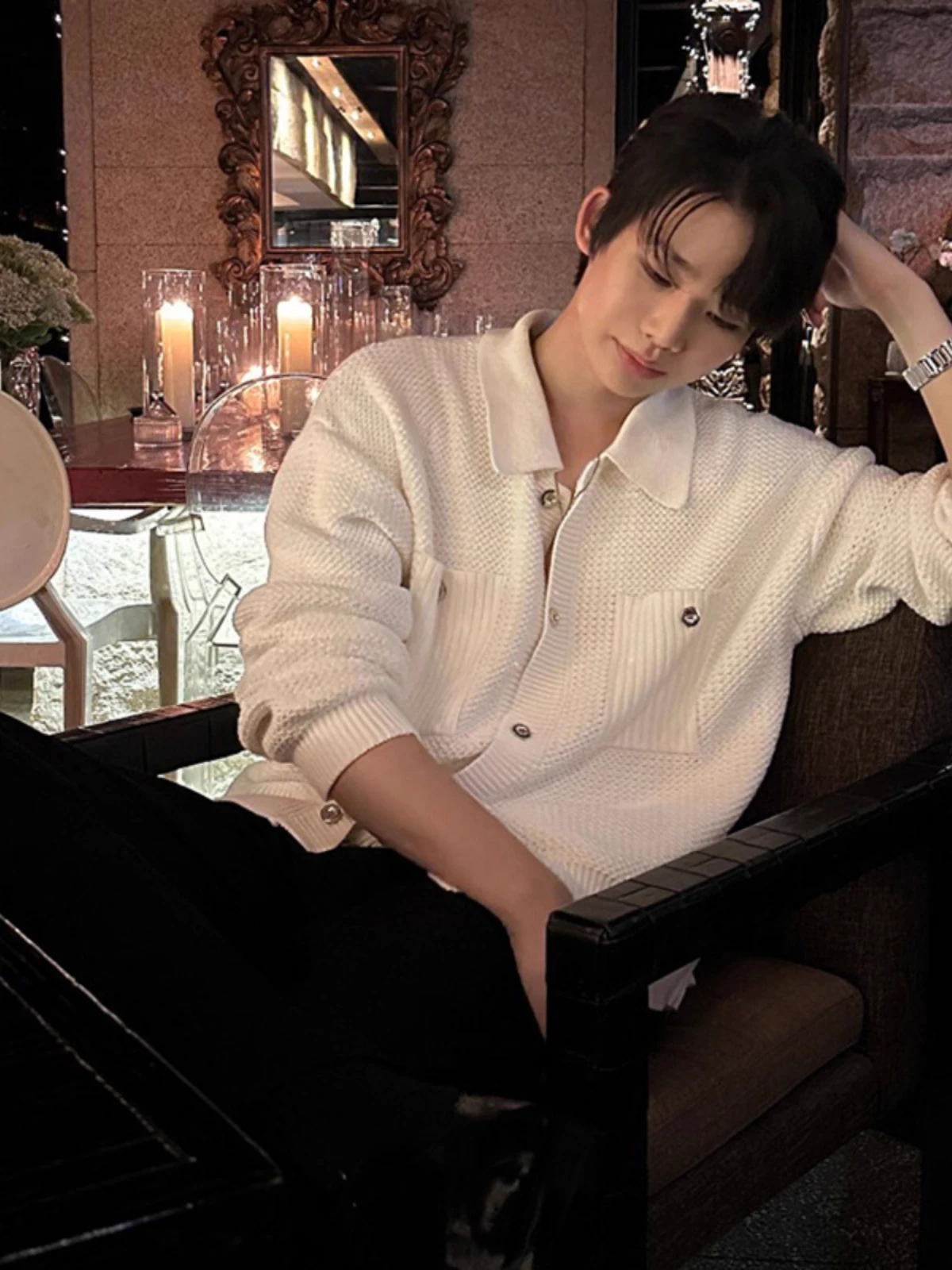 

Knitted Long Sve Loose Fit Sweater with Button Design Faionable Casual Outerwear for Men Polyester Fiber