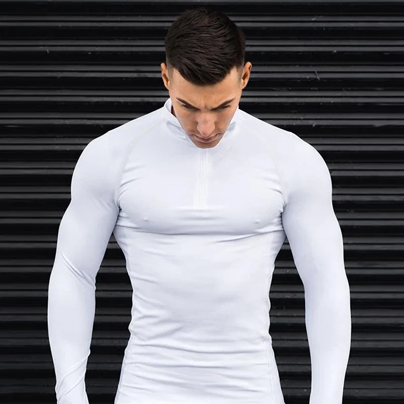 Plain Compression Tights Quick Dry Polo Shirts Mens Fitness Long Sleeve Polos Running Training Jogging Gym Bodybuilding T-shirts