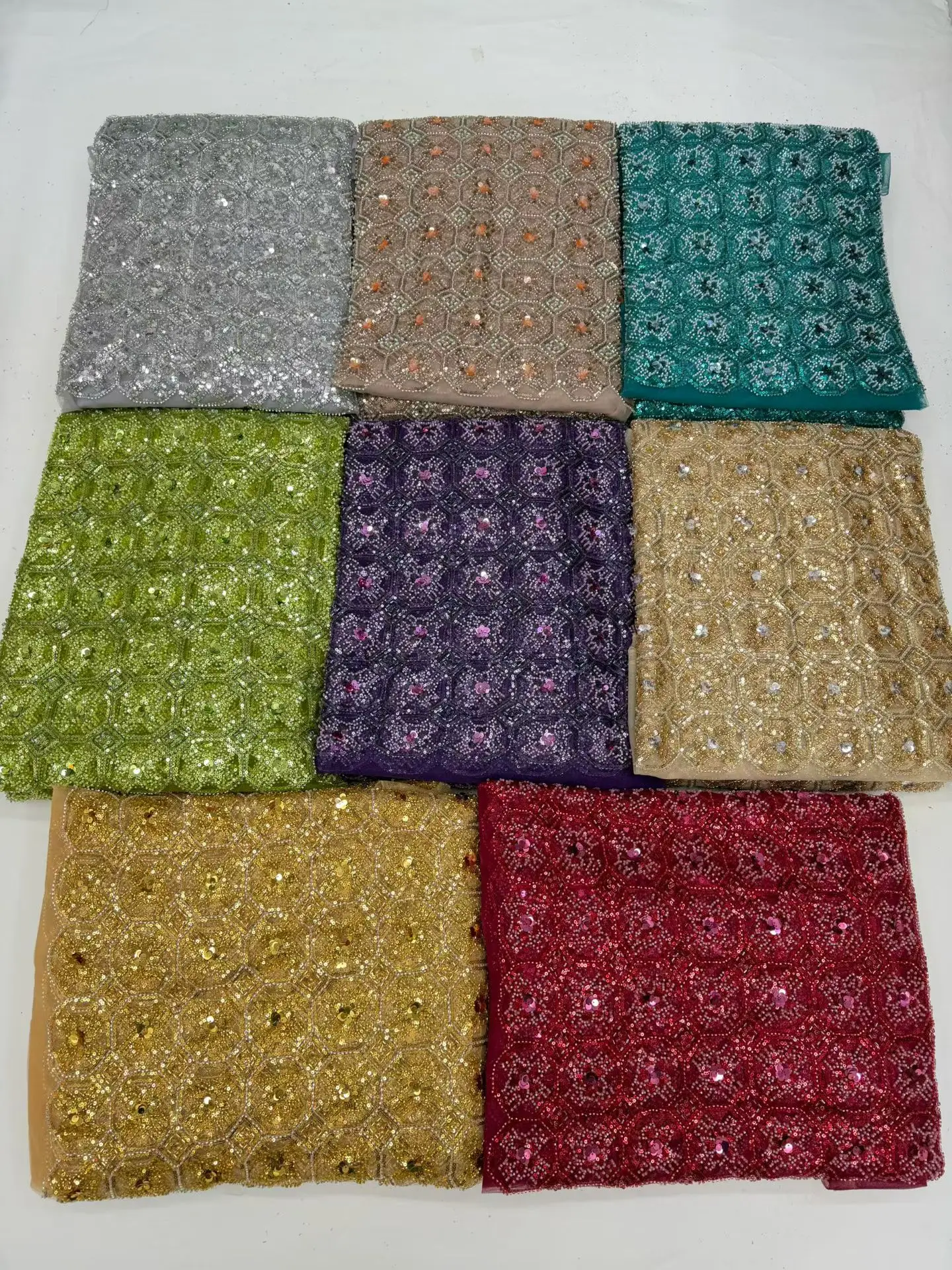 

2026 African Nigerian Sequins Embroidery Tulle Lace Fabric High Quality Beads Stone Prom Dresses Sewing Guipure 5 Yards DP0509