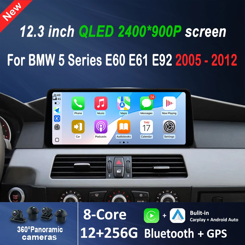 

12,3-дюймовый QLED-экран 2400*900P для BMW 5 серии E60 E61 E92 2005-2012, автомобильный мультимедийный видеоплеер на Android 16 с DSP и беспроводным CarPlay
