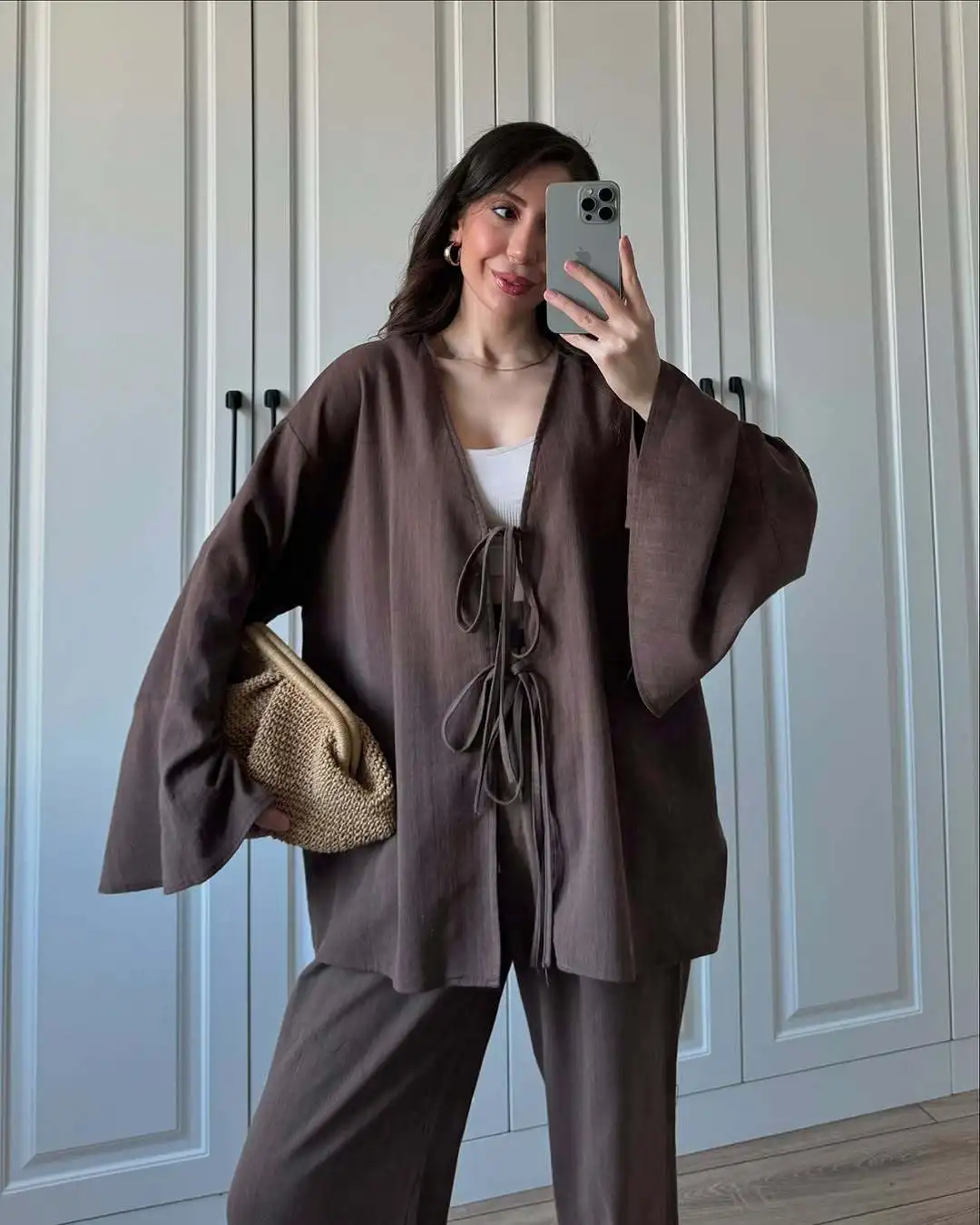 

BJTZ 2026 Spring Autumn Women Plus Size Long Sleeve Tie Shirt Cardigan Long Pants 2 Piece Set Casual Outfits