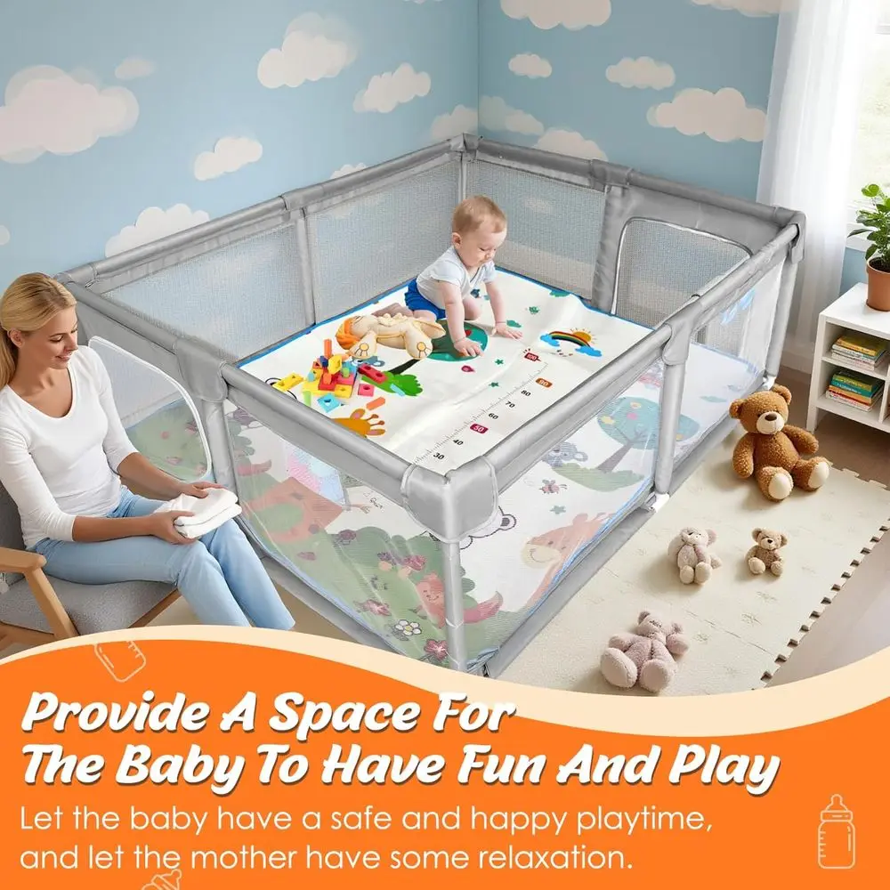 روضة أطفال كبيرة جدًا باللون الرمادي مع حصيرة، وحدة تخزين، ومنطقة لعب آمنة للأطفال الصغار في الأماكن المغلقة/الخارجية