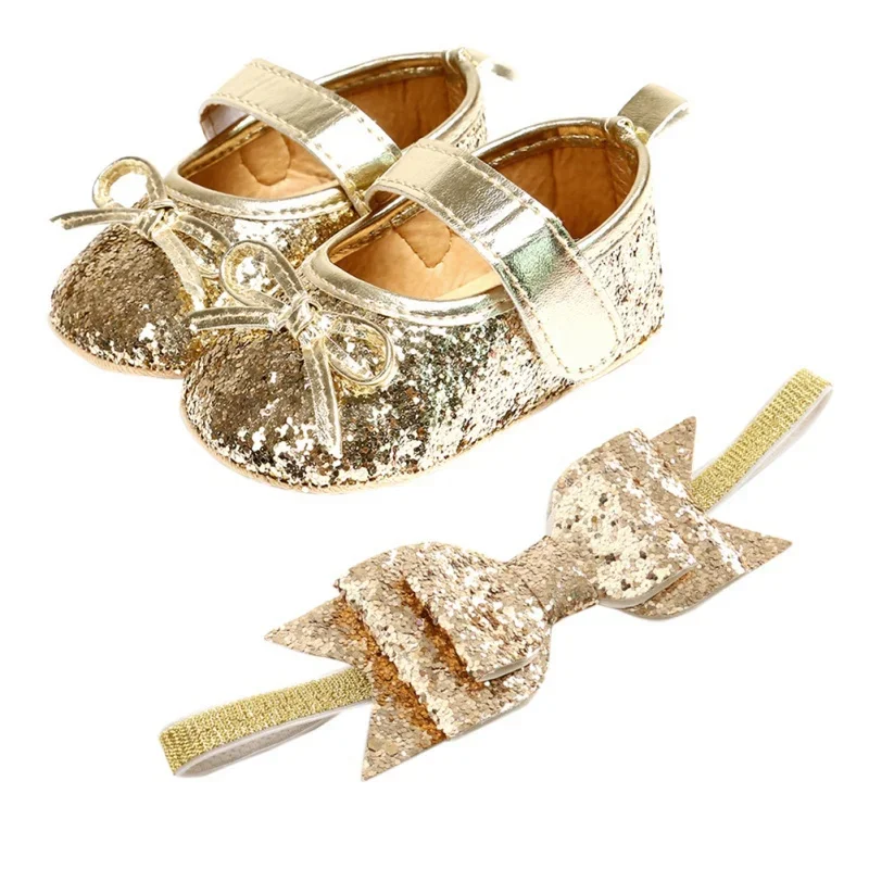 

Sequins Baby Shoes Leather Toddler Baby Girl First Walkers Sets Headband Bow-knot Soft Sole Hook & Loop Bling Shoes for Girls