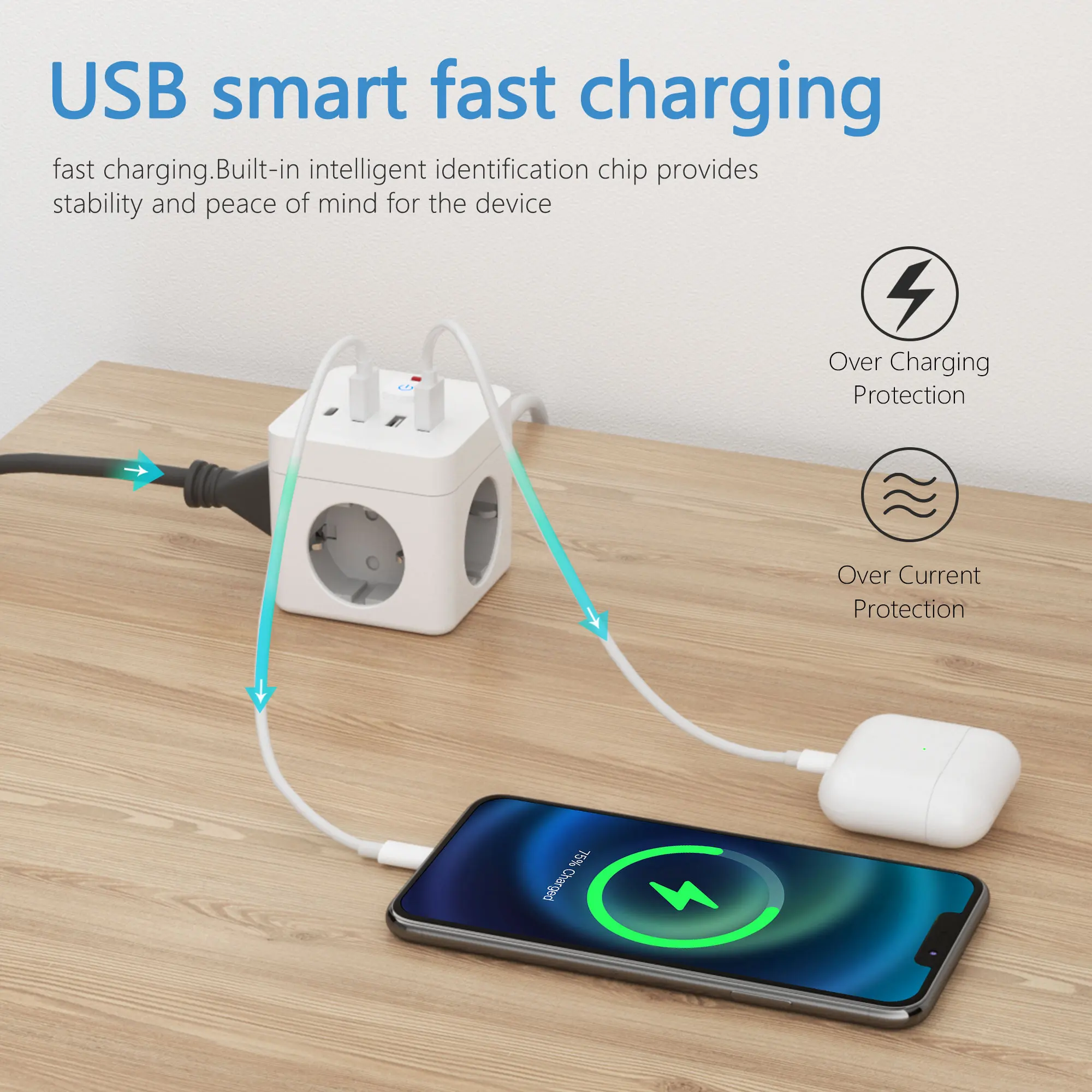 7-in-1 EU Power Strip, Power Strip Surge Protector, 3 AC Outlets 3 USB 1 Type-C, Desktop Charging Station With Overload Protecti