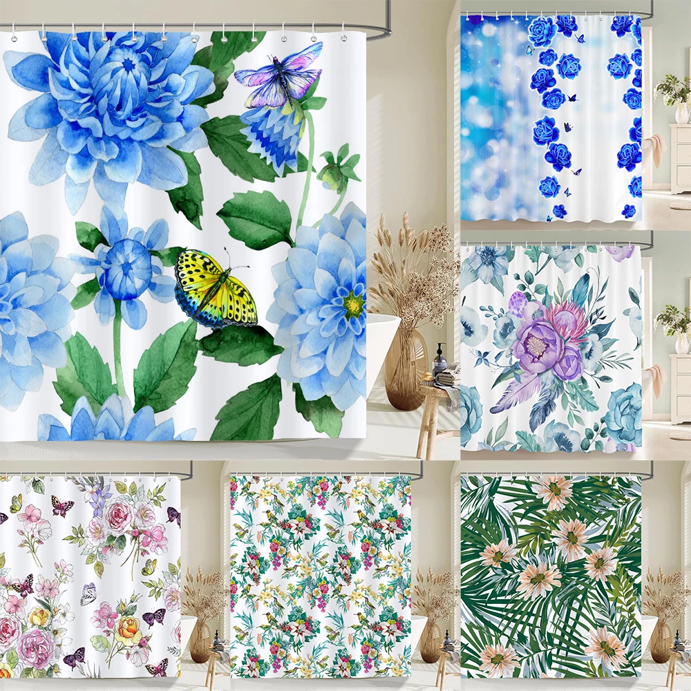 Flower Butterfly Tulip Bath Curtain Waterproof Fabric Shower Curtains Floral leaf Bathtub Screen for Bathroom Home Decor