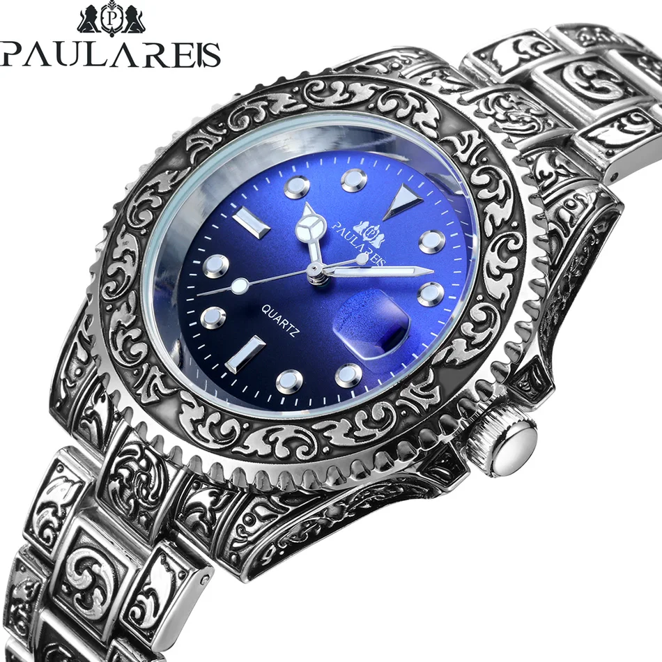 Luxury Carved Antique Vintage Luminous Rose Gold Yellow Gold Silver Red Green Blue Gradient Fashion Classic Quartz Men Watch