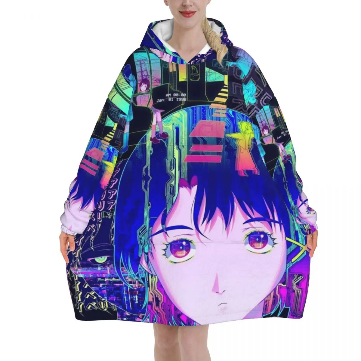 Serial Experiments Lain Lwakura Blanket Hoodie Wearable Blanket Large with Pocket Warm Sleeping Bag Soft Cozy Onesie